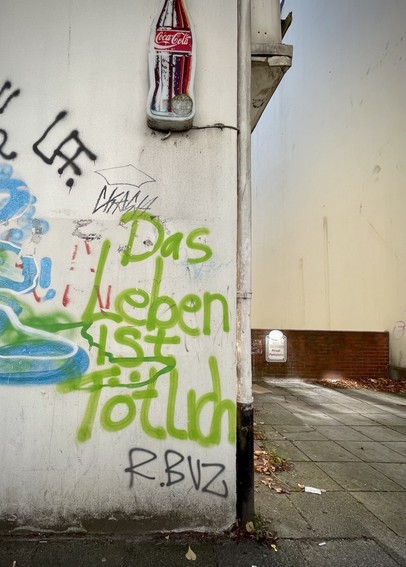 Foto. Ecke eines Hauses, darauf diverse Tags, sowie gesprüht in Grün:“Das Leben ist tötlich“.