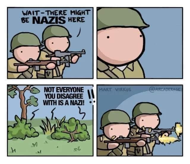 4-panel comic. World war 2 atmosphere. 
Panel 1: Two GI's with submachine guns. One saying: "Wait -there might be NAZIS here"
Panel 2: Soldier staring blank, apparently waiting for something
Panel 3: Out of some bushes comes a voice: "Not everyone you disagree with is a nazi!!"
Panel 4: The GI's empty their guns into the bushes